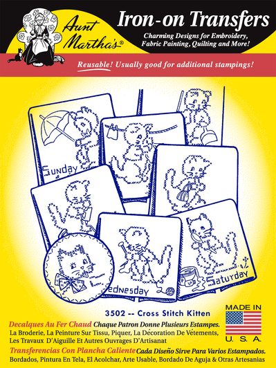 Aunt Martha's® Iron-on Hand Stitch Embroidery Transfer Pattern #3502 Stitch a Kitten Cross Stitch (RETAIL FRONT)