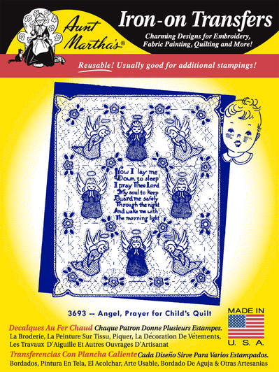Aunt Martha's® Iron-on Hand Stitch Embroidery Transfer Pattern #3693 Angels & Prayer for Child's Quilt (RETAIL FRONT)