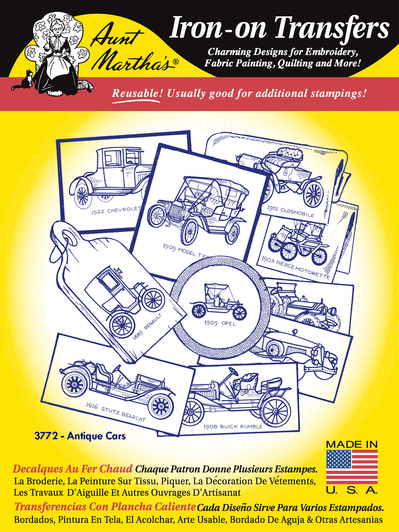 Aunt Martha's® Iron-on Hand Stitch Embroidery Transfer Pattern #3772 Antique Cars (RETAIL FRONT)