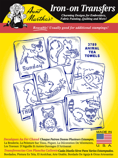 Aunt Martha's Hand Stitch Iron-on Embroidery Transfer Pattern #3789 Animal Tea Towels in Cross Stitch