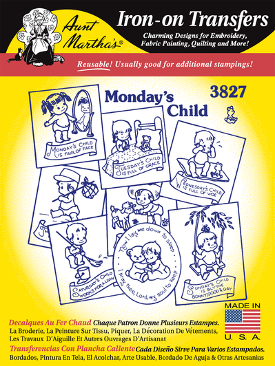 Aunt Martha's Hand Stitch Iron-on Embroidery Transfer Pattern #3824 Monday's Child