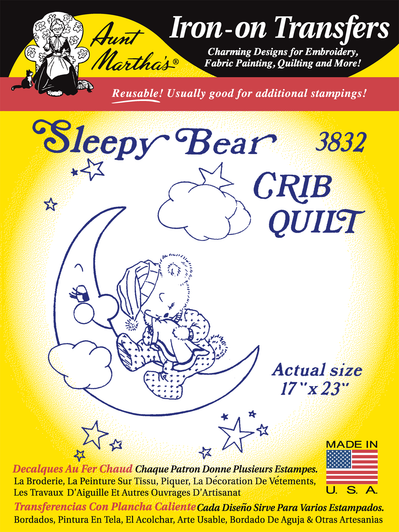 Aunt Martha's Hand Stitch Iron-on Embroidery Transfer Pattern #3832 Sleepy Bear Crib Quilt