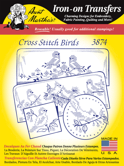 Aunt Martha's Hand Stitch Iron-on Embroidery Transfer Pattern #3874 Cross Stitch Birds