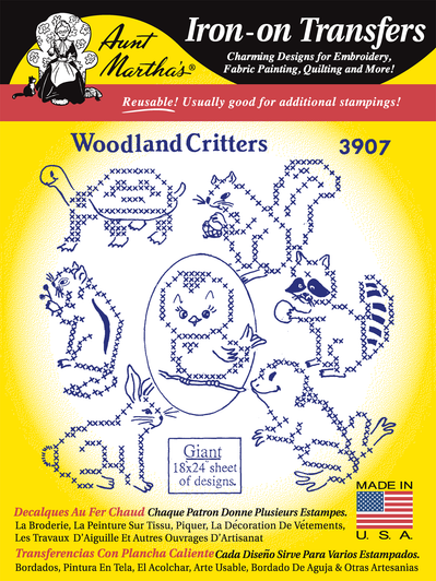 Aunt Martha's Hand Stitch Iron-on Embroidery Transfer Pattern #3907 Woodland Critters in Cross Stitch