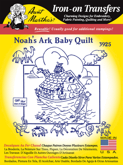 Aunt Martha's Hand Stitch Iron-on Embroidery Transfer Pattern #3925 Noah's Ark Baby Crib Quilt