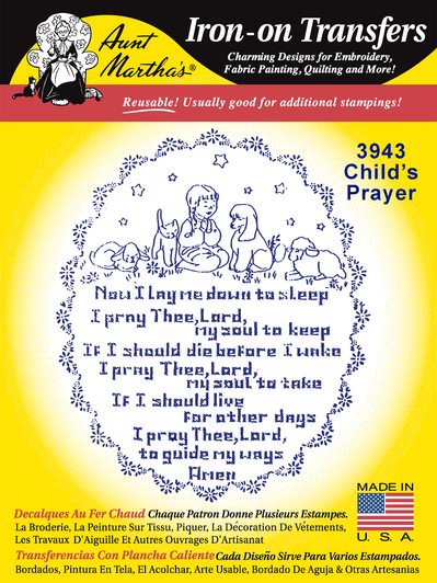 Aunt Martha's Hand Stitch Iron-on Embroidery Transfer Pattern #3943 Child's Prayer for Crib Quilt or Toddler Bed