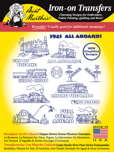 Aunt Martha's Hand Stitch Iron-on Embroidery Transfer Pattern #3945 All Aboard! Trains for Quilt Blocks or Tea Towels