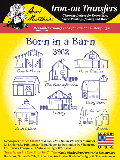 Aunt Martha's Hand Stitch Iron-on Embroidery Transfer Pattern #3962 Born in a Barn! Designs for Quilt Blocks or Tea Towels