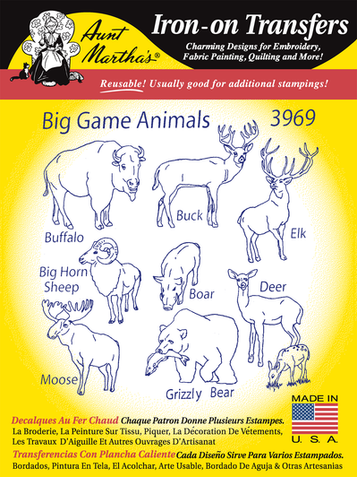 Aunt Martha's Hand Stitch Iron-on Embroidery Transfer Pattern #3969 Big Game Animals. Designs for Quilt Blocks or Tea Towels
