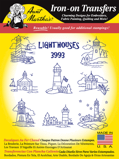 Aunt Martha's Hand Stitch Iron-on Embroidery Transfer Pattern #3993 Lighthouses. Designs for Quilt Blocks or Tea Towels