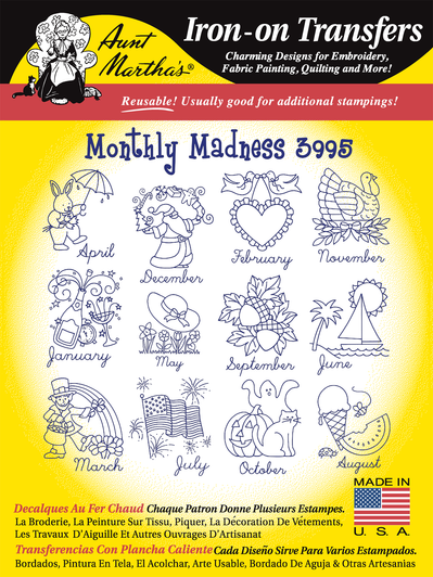 Aunt Martha's Hand Stitch Iron-on Embroidery Transfer Pattern #3995 Monthly Madness. Designs for Quilt Blocks or Tea Towels.