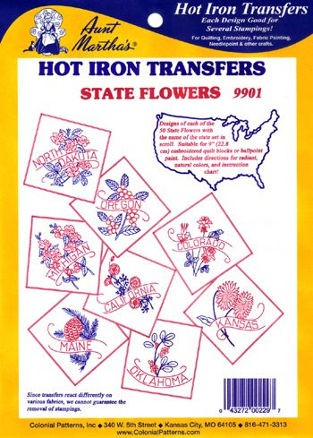 Aunt Martha's® Hand Stitch Iron-on Embroidery Transfer Pattern Collection #9901 State Flowers Quilt.