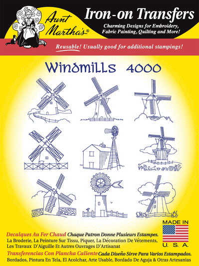 Aunt Martha's Hand Stitch Iron-on Embroidery Transfer Pattern #4000 Windmills. Designs for Quilt Blocks or Tea Towels.
