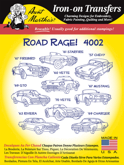 Aunt Martha's Hand Stitch Iron-on Embroidery Transfer Pattern #4002 Road Rage. Designs for Quilt Blocks or Tea Towels.