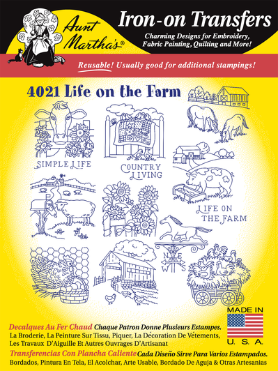 Aunt Martha's Hand Stitch Iron-on Embroidery Transfer Pattern #4021 Life On The Farm. Simple country designs for Quilt Blocks or Tea Towels.
