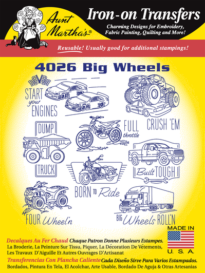 Aunt Martha's Hand Stitch Iron-on Embroidery Transfer Pattern #4026 Big Wheels. Truck, construction, and off-road vehicle designs for Quilt Blocks or Tea Towels.