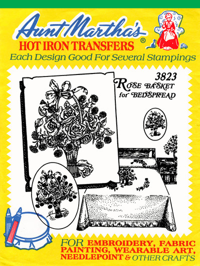 Aunt Martha's Embroidery Transfer Pattern #3823 Rose Basket for Bedspread