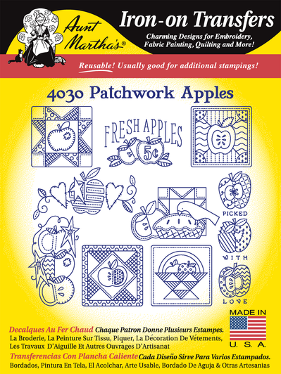 Aunt Martha's Hand Stitch Iron-on Embroidery Transfer Pattern #4030 Patchwork Apples. Designs for Quilt Blocks or Tea Towels.