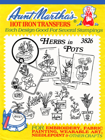 Aunt Martha's Embroidery Transfer Pattern #3826 Herbs In Pots