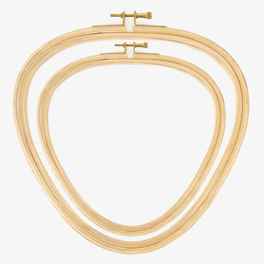 Pair of DMC triangle embroidery hoops in 8 inch and 10 inch sizes side by side Pair of DMC triangle embroidery hoops in 8 inch and 10 inch sizes side by side