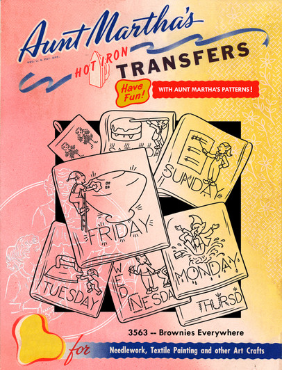 Aunt Martha's® #3563 Brownies Everywhere vintage iron-on embroidery transfer pattern featuring seven folklore Brownies performing Days of the Week household chores.