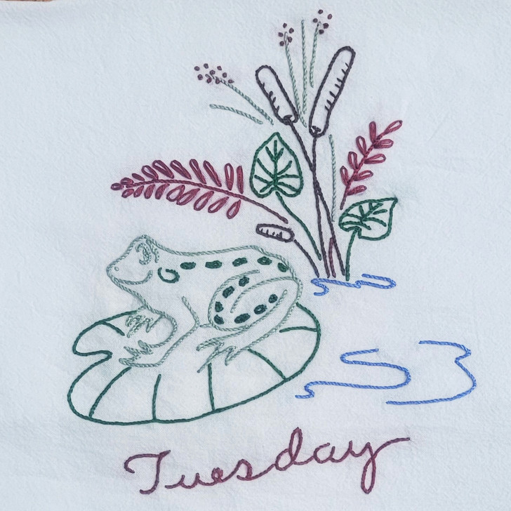 Aunt Martha's® Hand Stitch Iron-on Embroidery Transfer Pattern #3765 Frog Tea Towels Days of the Week (DOW) Tuesday
