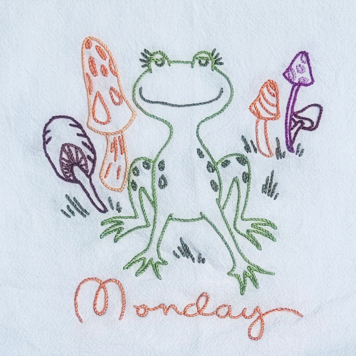Aunt Martha's® Hand Stitch Iron-on Embroidery Transfer Pattern #3765 Frog Tea Towels Days of the Week (DOW) Monday