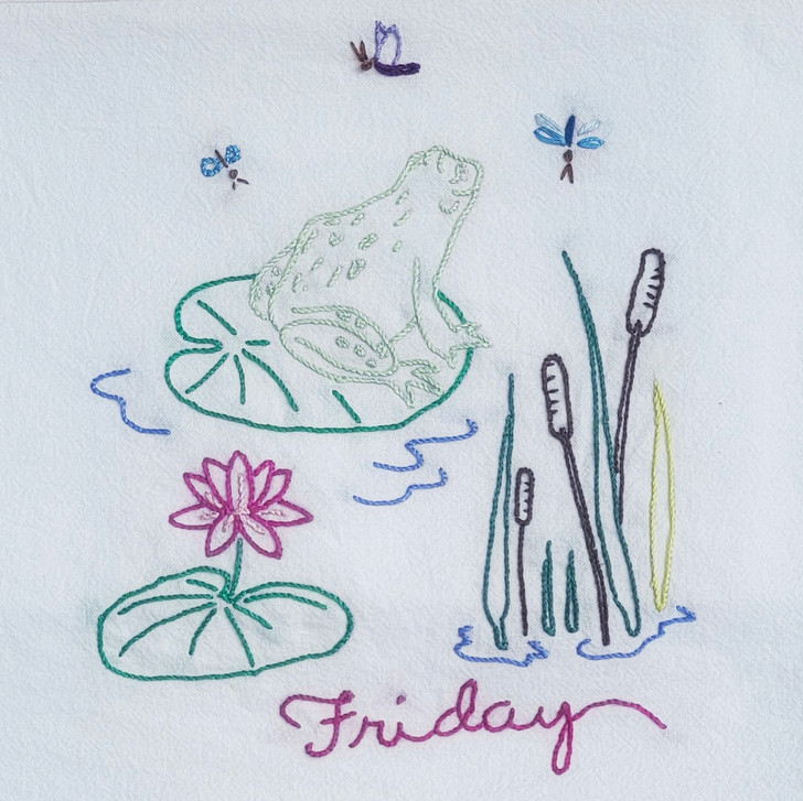 Aunt Martha's® Hand Stitch Iron-on Embroidery Transfer Pattern #3765 Frog Tea Towels Days of the Week (DOW) Friday