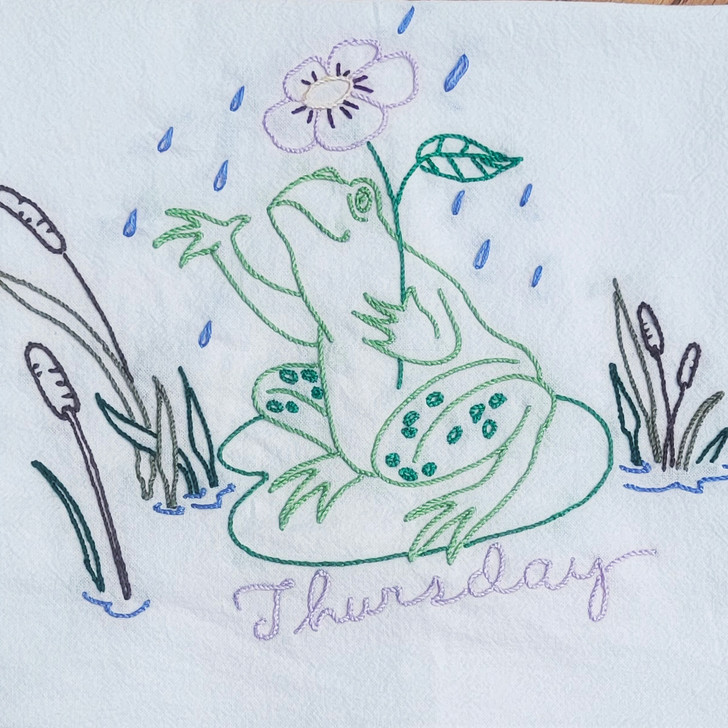 Aunt Martha's® Hand Stitch Iron-on Embroidery Transfer Pattern #3765 Frog Tea Towels Days of the Week (DOW) Thursday
