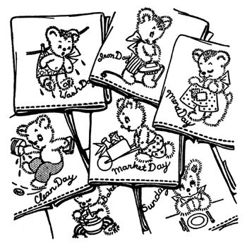 Aunt Martha’s Bruno the Bear Days of the Week iron-on embroidery transfer pattern with vintage bear chore designs.