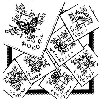 Aunt Martha’s #3437 Butterflies and Cross Stitch iron-on embroidery transfer pattern featuring seven vintage butterfly designs with decorative borders for days-of-the-week tea towels.