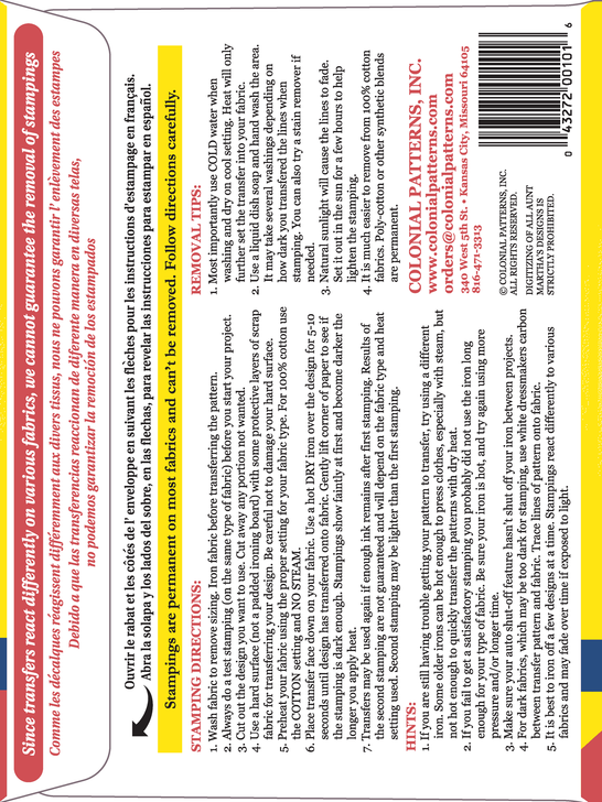 Aunt Martha’s #3534 Birds Galore iron-on embroidery transfer pattern featuring seven vintage bird designs perched on fences for days-of-the-week tea towels (REVERSE).