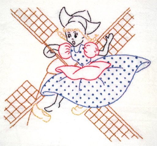 Aunt Martha’s #3597 Dutch Girl Days of the Week iron-on embroidery transfer pattern with vintage tea towel designs.