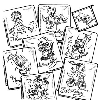 Aunt Martha’s #3733 kitten motifs iron-on embroidery transfer pattern featuring seven days of the week kitten designs for tea towels.