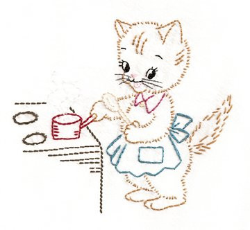 Aunt Martha’s #3733 kitten motifs iron-on embroidery transfer pattern featuring seven days of the week kitten designs for tea towels.
