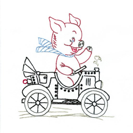 Aunt Martha’s Personality Pigs embroidery transfer pattern featuring seven vintage-style pigs doing daily chores for days of the week tea towels.