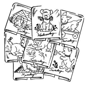 Aunt Martha’s #3748 Pup Fun iron-on embroidery transfer pattern featuring seven vintage-style puppy Days of the Week chore designs.