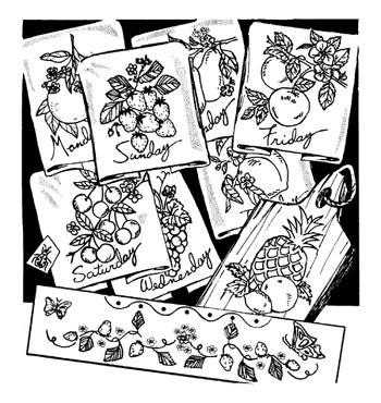 Aunt Martha’s #3749 Fanciful Fruit iron-on embroidery transfer pattern featuring vintage days of the week fruit designs for tea towels and kitchen decor.