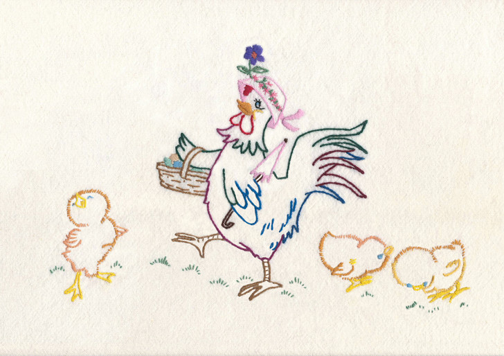 Aunt Martha’s 3753 Barnyard Happenings iron-on embroidery transfer featuring whimsical rooster Days of the Week designs for tea towels and kitchen décor.