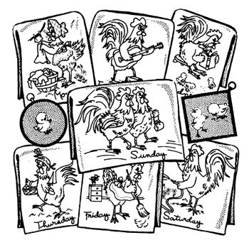 Aunt Martha’s 3753 Barnyard Happenings iron-on embroidery transfer featuring whimsical rooster Days of the Week designs for tea towels and kitchen décor.