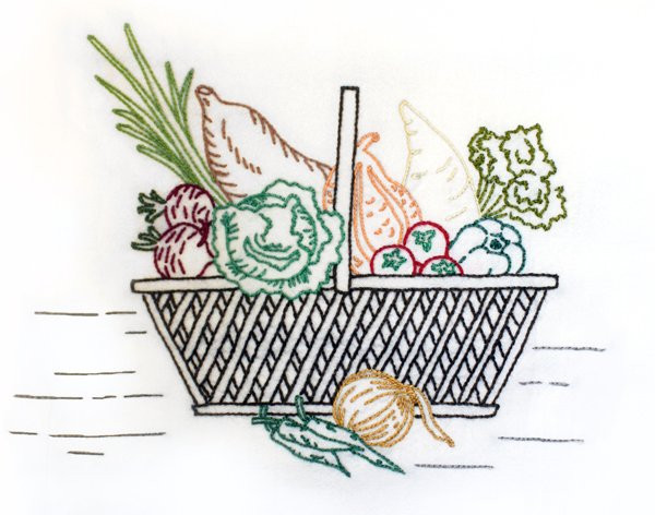Aunt Martha’s #3757 Baskets of Vegetables iron-on embroidery transfer pattern featuring seven vintage Days of the Week designs with wicker baskets filled with assorted vegetables.