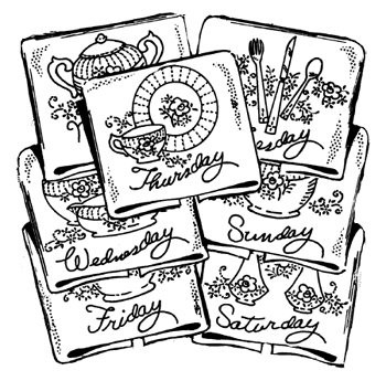Aunt Martha’s #3764 Fine Chinaware iron-on embroidery transfer pattern featuring seven vintage days-of-the-week china set designs including teacups, plates, and serving dishes.