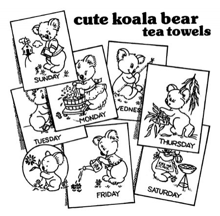 Aunt Martha’s® #3829 Koala Bear Tea Towels iron-on embroidery transfer pattern featuring seven vintage Days of the Week designs of a happy koala doing household chores
