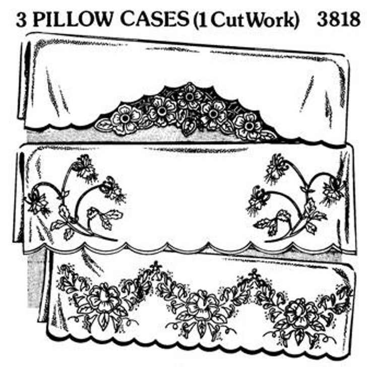 Aunt Martha's Embroidery Transfer Pattern #3818 3 Pillowcases (1 Cutwork)