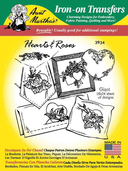 Aunt Martha's Embroidery Transfer Pattern #3934 Hearts & Roses