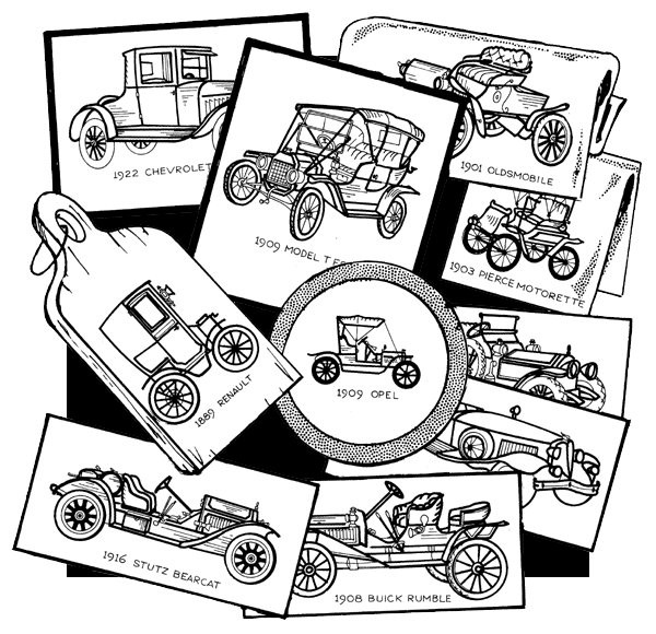 Aunt Martha's® Iron-on Hand Stitch Embroidery Transfer Pattern #3772 Antique Cars (RETAIL FRONT)