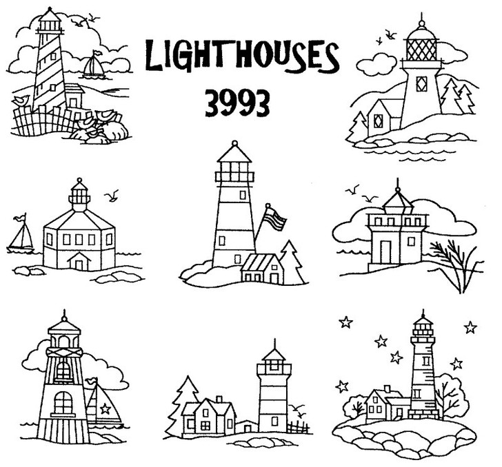 Aunt Martha's Hand Stitch Iron-on Embroidery Transfer Pattern #3993 Lighthouses. Designs for Quilt Blocks or Tea Towels
