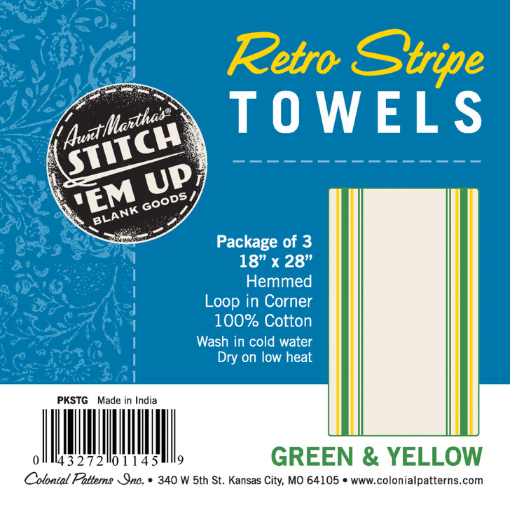 Aunt Martha's Vintage Green & Yellow Stripe Towels Retail Pkg of 3