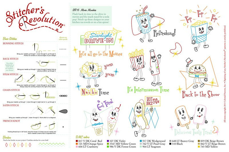 Stitcher's Revolution® Hand Stitch Iron-on Embroidery Transfer Pattern #SR15 Movie Munchies.