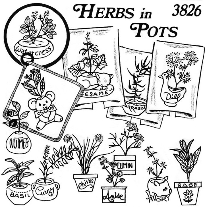 Aunt Martha's Embroidery Transfer Pattern #3826 Herbs In Pots